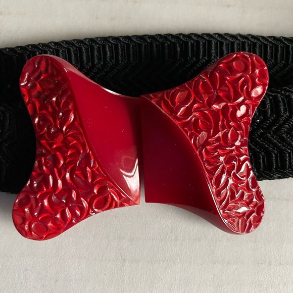 Vintage Handmade Elastic Stretch Belt With Red Ceramic Buckle 28”L. Unique! - Picture 1 of 5